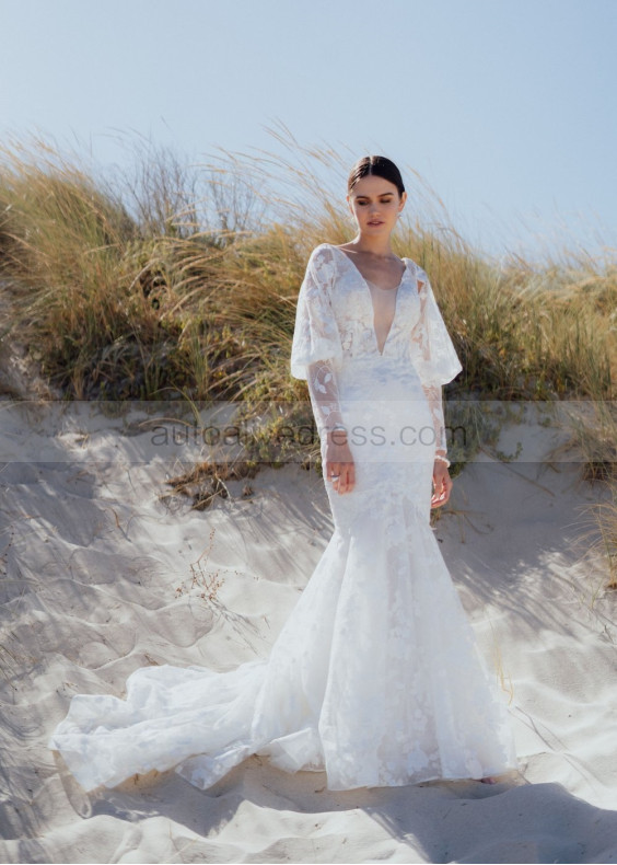 Ivory Delicate Lace Tulle Wedding Dress With Detachable Sleeves